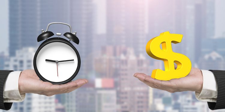 Dollar sign and alarm clock with two hands