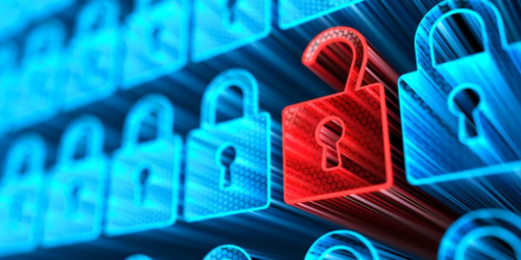 Encryption your data. Digital Lock. Hacker attack and data breach. Big data with encrypted computer code. Safe your data. Cyber internet security and privacy concept. Database storage 3d illustration