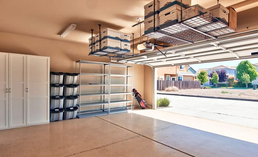 Ideal Garage Storage Cabinet, Ceiling Hung Garage Shelves