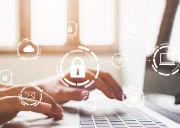 Businessman working on laptop. Protection network security computer and safe your data concept. Digital crime by an anonymous hacker