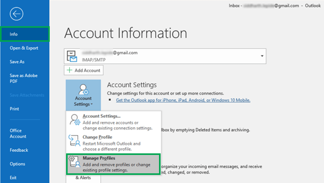 select File> account Info > Account Settings > Manage your Profiles