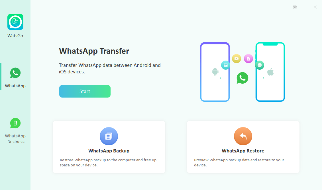 navigate to WhatsAp transfer, click the “Start” button.