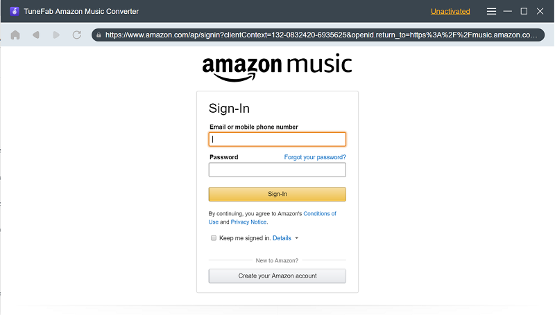 Log in Amazon Music Web Player