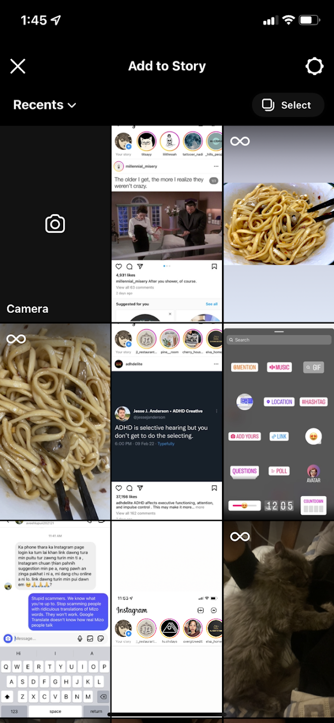 add to story page on Instagram displaying images from the camera roll and a camera button