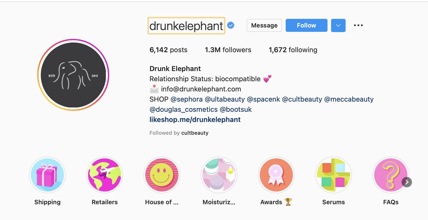 Instagram page for the Drunk Elephant brand with an active Instagram Story and several Highlights