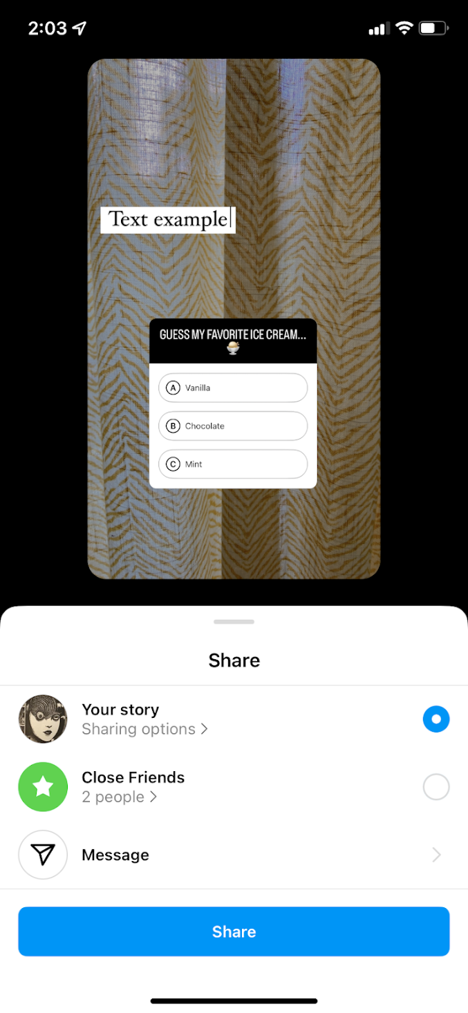 Instagram Story sharing page with the option to share to "Your Story" selected