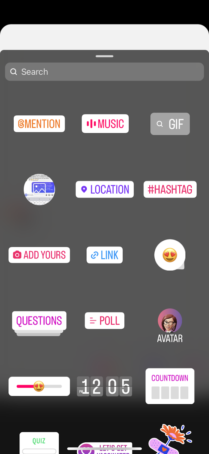 stickers dashboard on Instagram Stories showing several different stickers