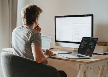 A man researching data on computers