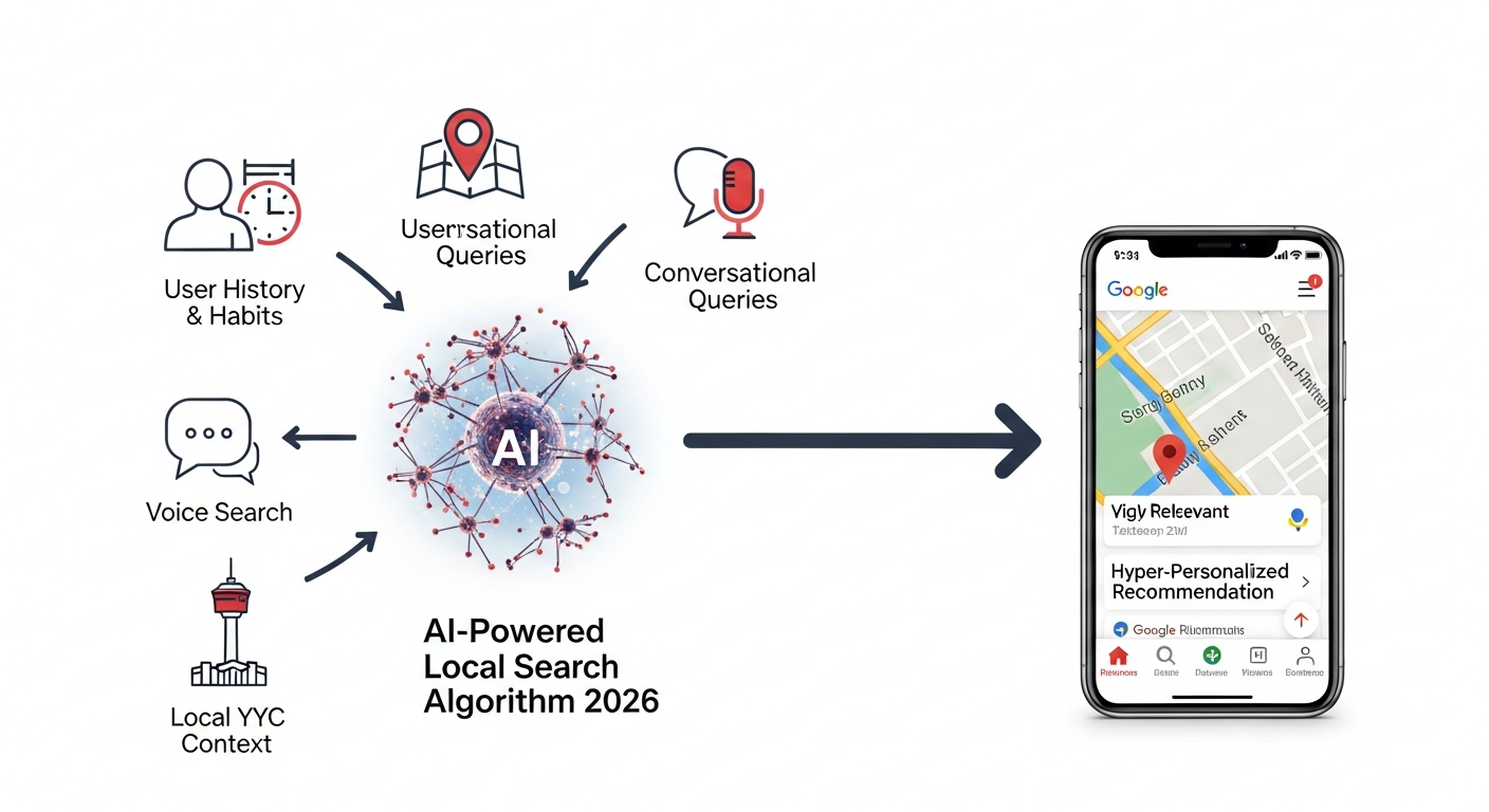 Conceptual diagram showing the inputs for 2026 local search. Icons for user history, conversational queries, voice search, and local context all point to a central AI algorithm, which in turn points to a smartphone displaying a hyper-personalized map result.
