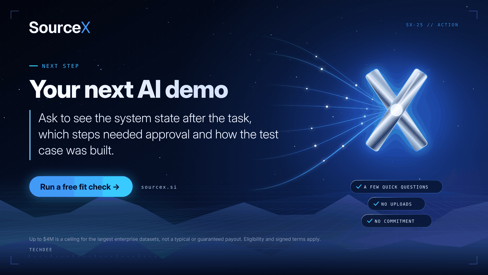 Call-to-action card: Your next AI demo. Ask to see the system state, the required approvals and how the test was built.