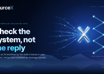 SourceX graphic split in two: a chat reply on one side and a system record on the other, meeting at a chrome X, titled Check the system, not the reply.